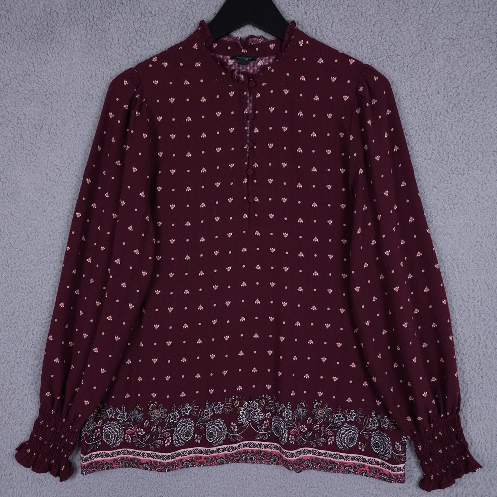 Ann Taylor LOFT Shirt Womens Medium Red Floral Ruffle Neck Smocked Sleeve Blouse